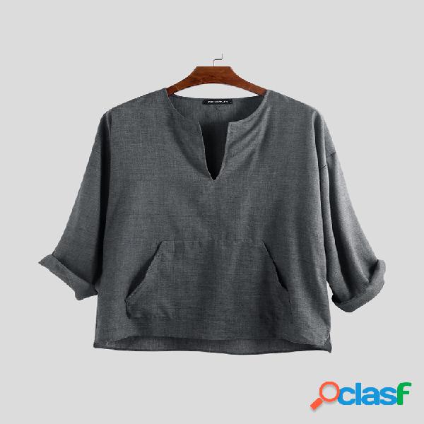 Mens Breve Estilo Solid Color Loose Casual Henley Shirts