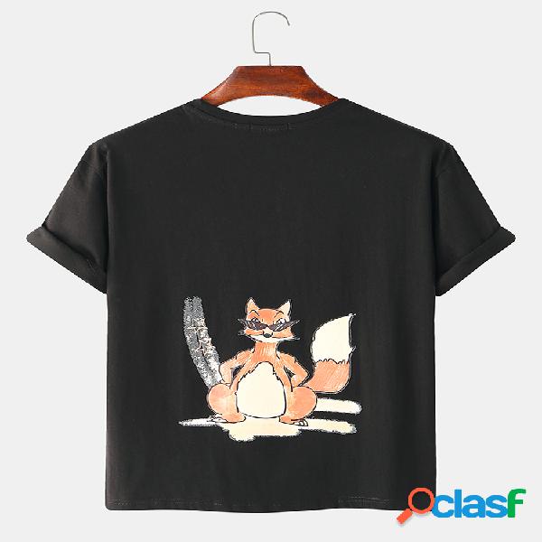 Mens Cartoon Squirrel Print Solid Color Respirável Loose