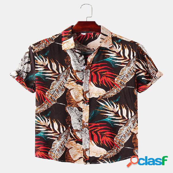 Mens Casual Algodão Havaiano Floral Print Praia Camisas de