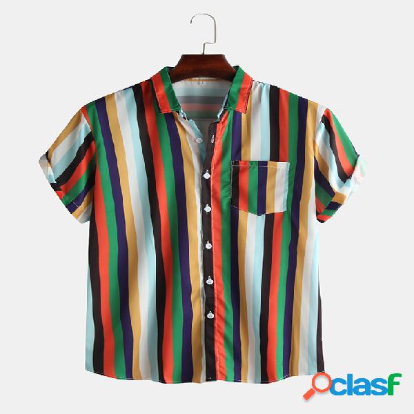 Mens Cool Rainbow Striped Chest Pocket Camisas de manga