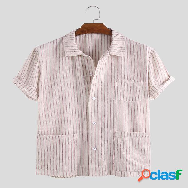 Mens Cotton Hit Color Striped Multi Pocket Turn Down Collar