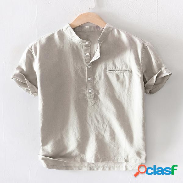 Mens Cotton Linen Stand Collar Slim Fit Henley de manga