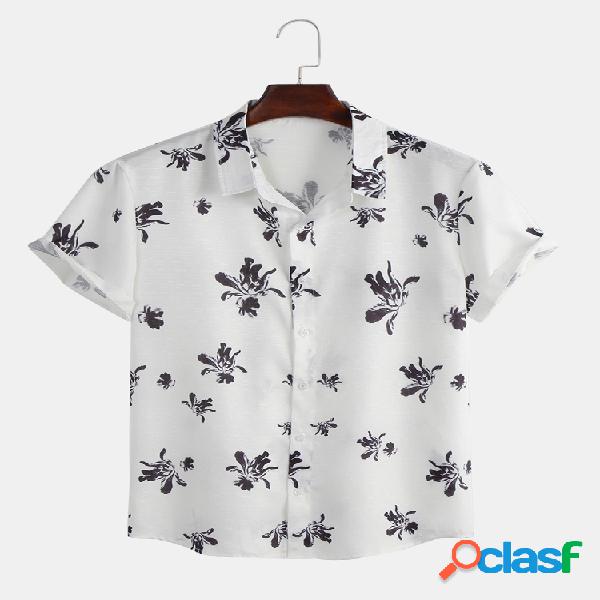 Mens Elegant Flowers Impresso manga curta Turn Down Collar
