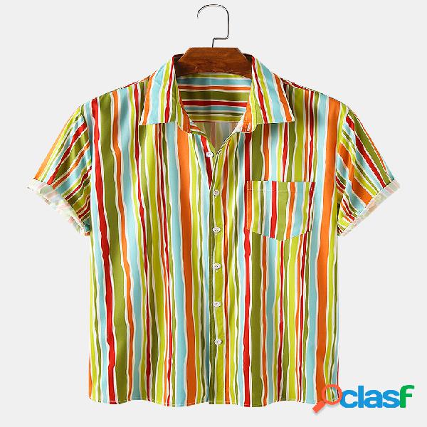Mens Ethnic Colorful Vertical Stripe Printed Holiday Camisas