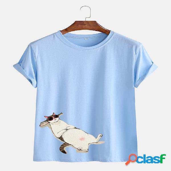 Mens Fun Cartoon Cat Print em torno do pescoço T-shirt