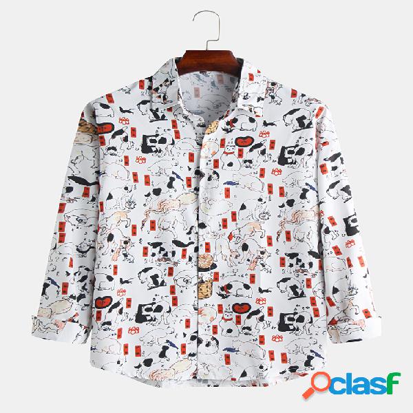 Mens Funny Animals Impresso Manga comprida Slim Fit Camisas