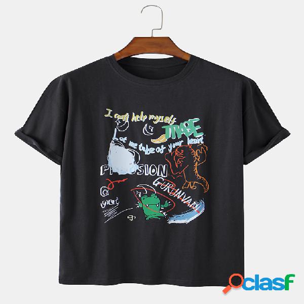 Mens Funny Graffiti Dinosaur & Slogan Impresso Loose O-neck