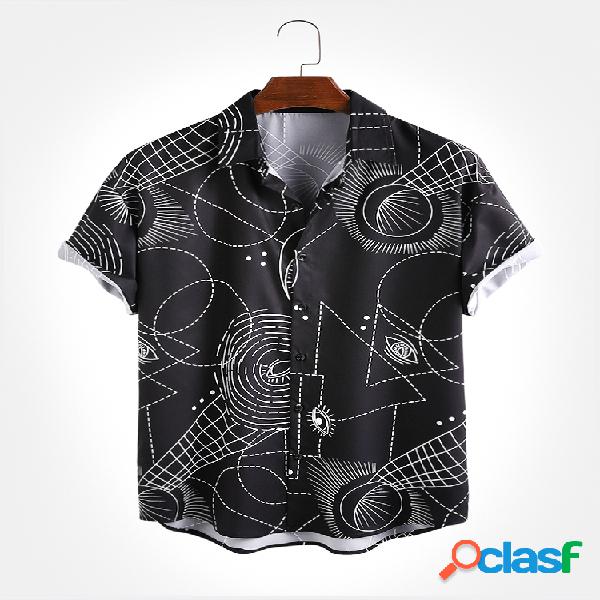 Mens Geometric Printed Casual Lapel Collar Camisas de manga