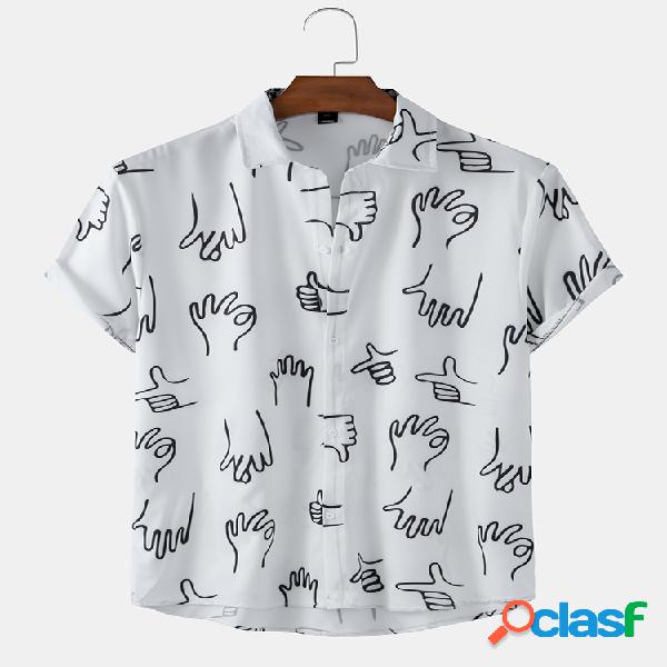 Mens Gesture Padrão Print Plain Camisas de manga curta