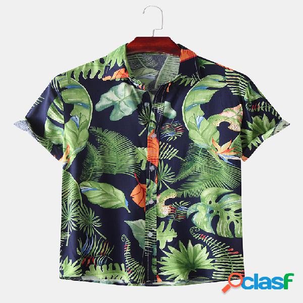 Mens Hawaii Planta Folha Turn Down Collar Camisas de manga