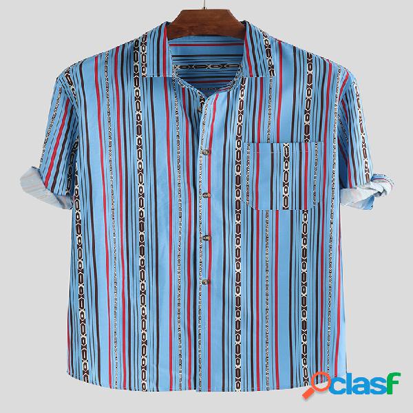 Mens Holiday Floral Stripe Vintage Casual Chest Pocket Turn