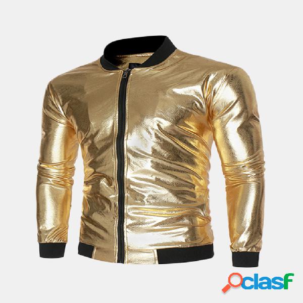 Mens Jacquard Bright Slim Fit manga comprida Stand Collar