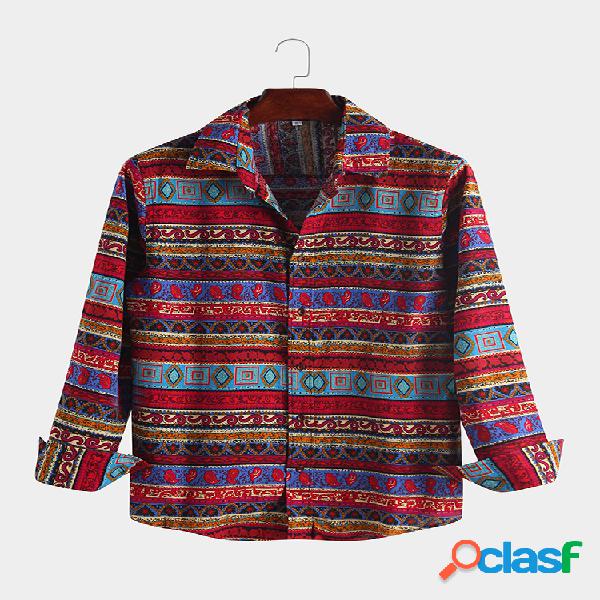 Mens Linen Floral étnico impresso manga comprida lapela