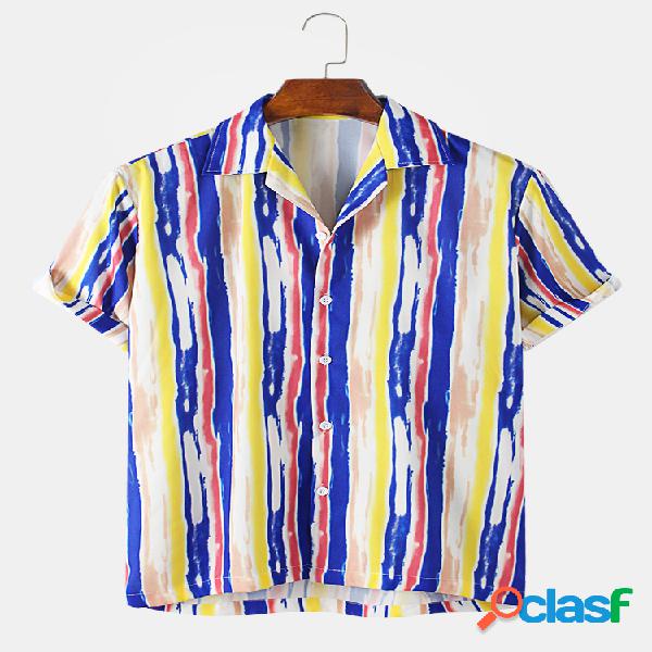 Mens Multi Color Striped Casual Camisas de manga curta