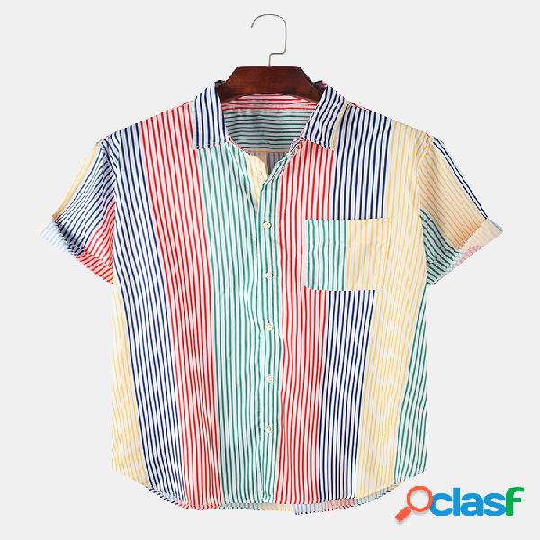 Mens Multi Color Striped Chest Pocket Turn Down Collar