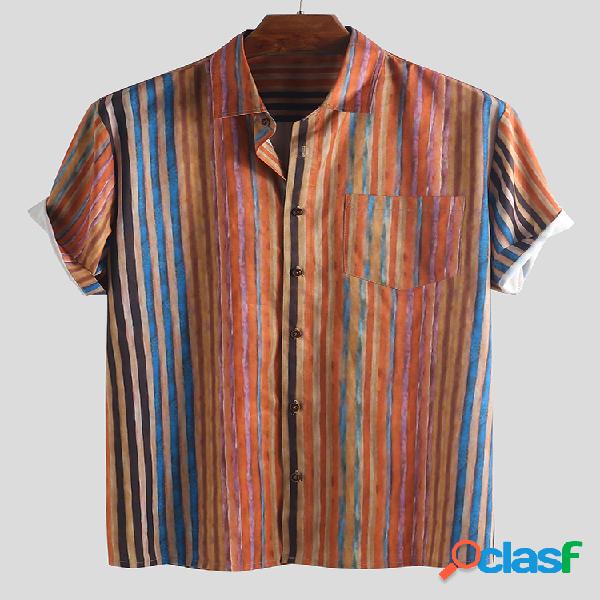 Mens Multi Color Striped Style Ethnic Turn Down Collar