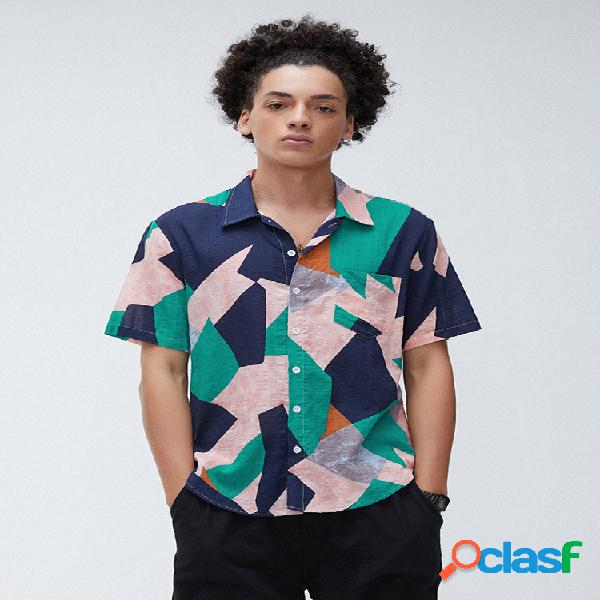 Mens Multi Colorblock Chest Pocket Camisas de manga curta