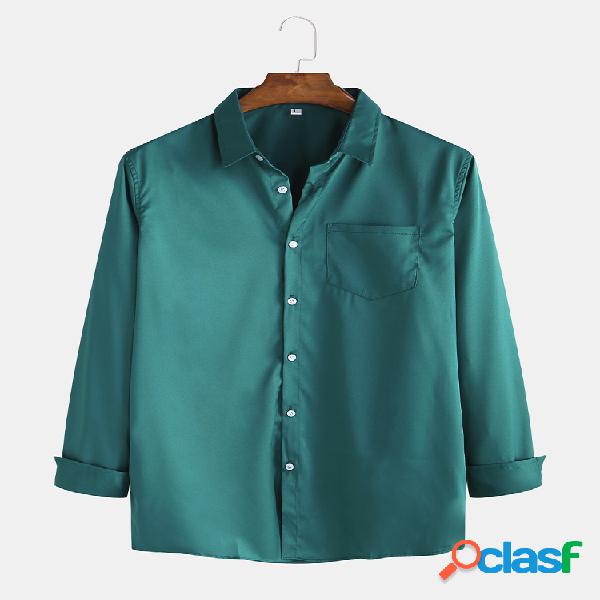 Mens Plain Solid Color Chest Pocket Camisas de manga longa
