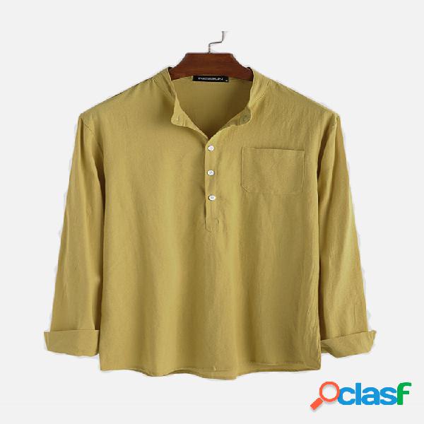 Mens Plain Solid Color Cotton manga comprida Henley Camisas