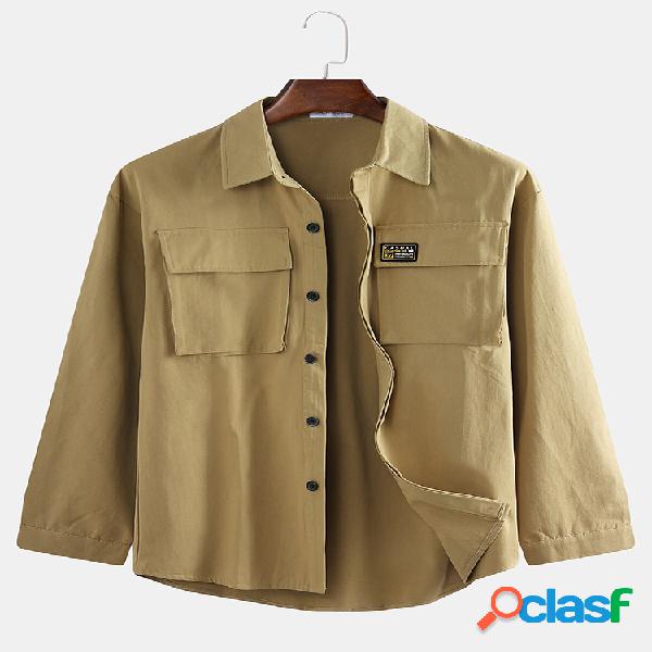 Mens Plain Solid Color Double Chest Pocket Camisas de manga