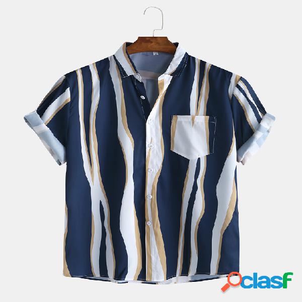 Mens Plain Striola Chest Pocket Casual Camisas de manga