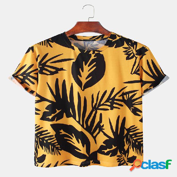 Mens Plant & Leaf Print Verão T-shirt de manga curta