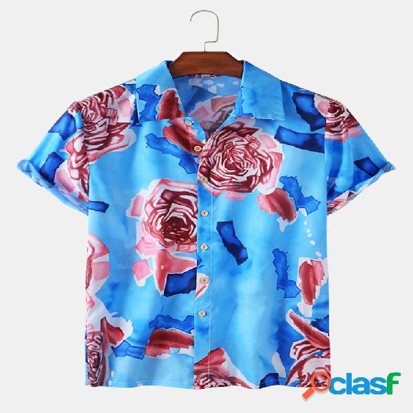 Mens Rose Floral Print Holiday Camisas de manga curta leves