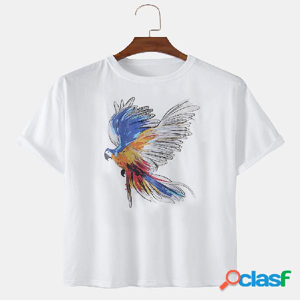 Mens Solid Color Colorful Bird Print Loose Casual Round Neck