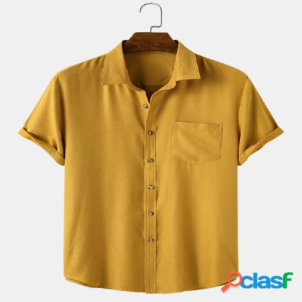 Mens Solid Color Print Chest Pocket Light Casual Camisas de
