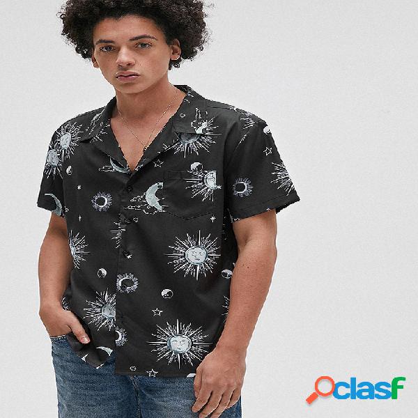 Mens Starry Sky Moon & Sun Printed Casual Respirável Camisa