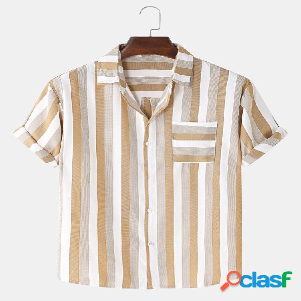 Mens Striped Cotton Chest Pocket Camisas de grife de manga