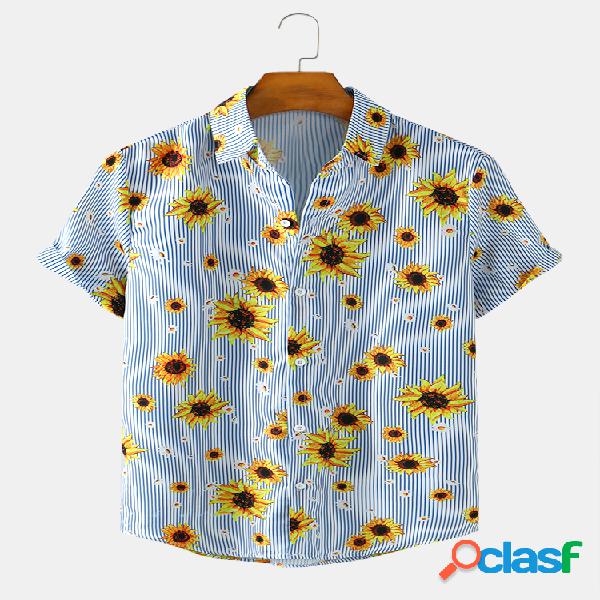 Mens Sunflower & Stripe Print Casual Light Camisas de verão