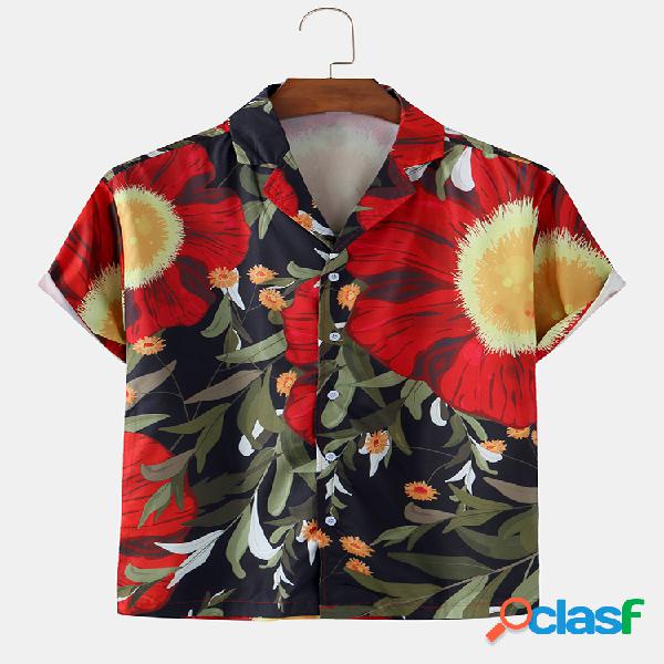 Mens Tropical Flower Print Respirável Holiday Light Camisas