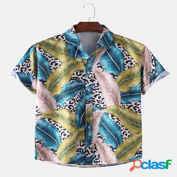 Mens Tropical Planta Leopard Toucan Impresso Manga Curta