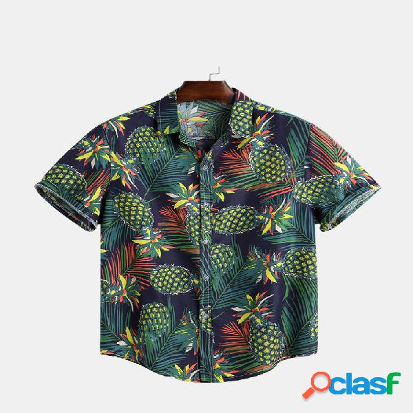 Mens Verão Tropical Fruit Print Turn Down Collar Manga
