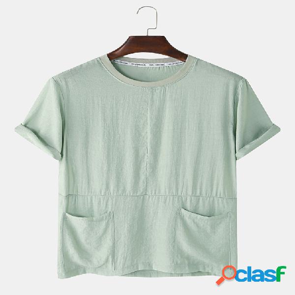 Mens Vintage Solid Pocket respirável Loose Casual T-shirt