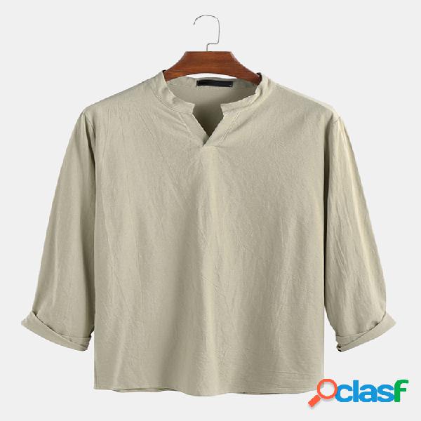 Mens Vintage Stand Collar Solid T Shirts Manga comprida