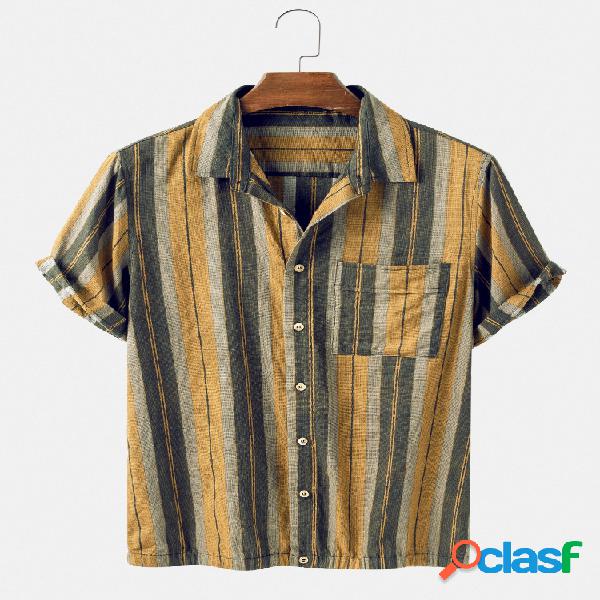 Mens Vintage listrado respirável peito bolso camisas de
