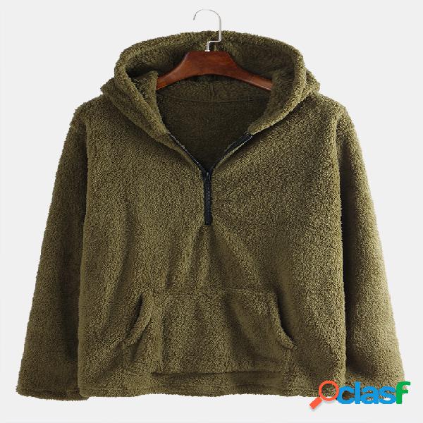 Mens Winter Double Fleece Warm manga comprida com capuz