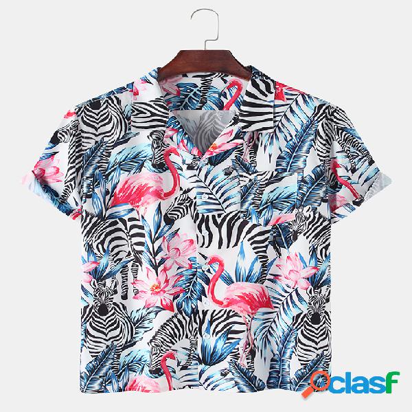 Mens Zebra & Flamingo Floral Print Holiday Light Camisas de