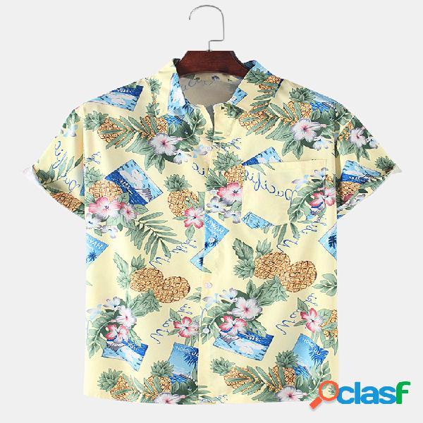 Mens abacaxi floral impressão férias respirável camisas