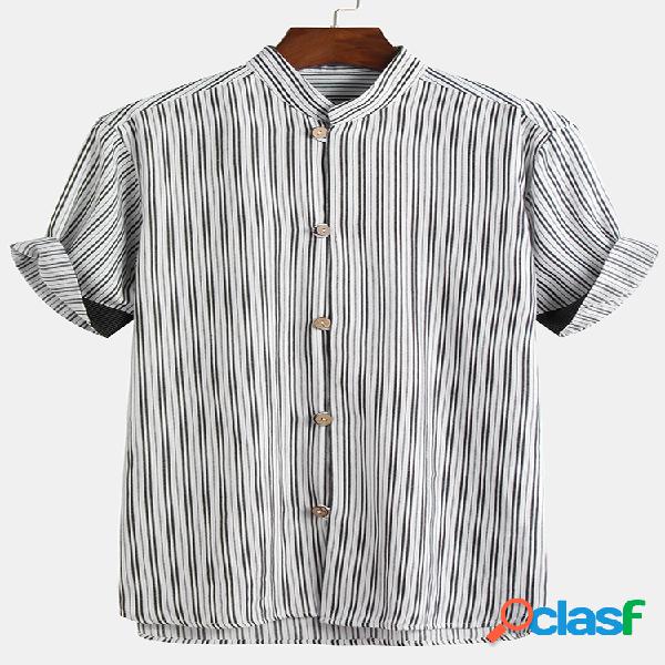 Mens algodão listrado patchwork manga curta gola casual