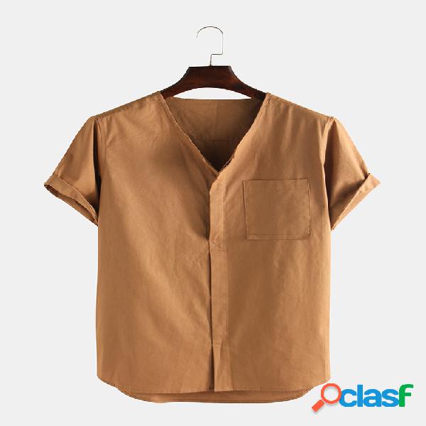 Mens algodão sólido solto manga curta gola Henley Camisa
