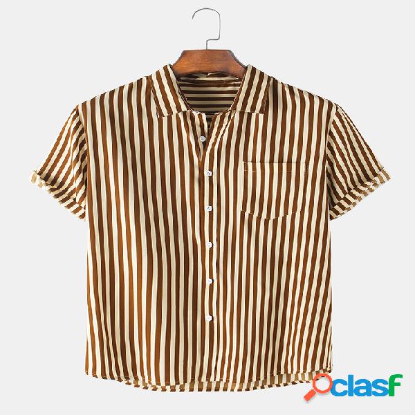 Mens bolso listrado impressão peito camisas de manga curta