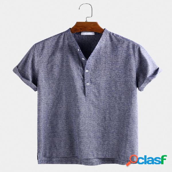 Mens básico liso casual manga curta luz Henley camisas