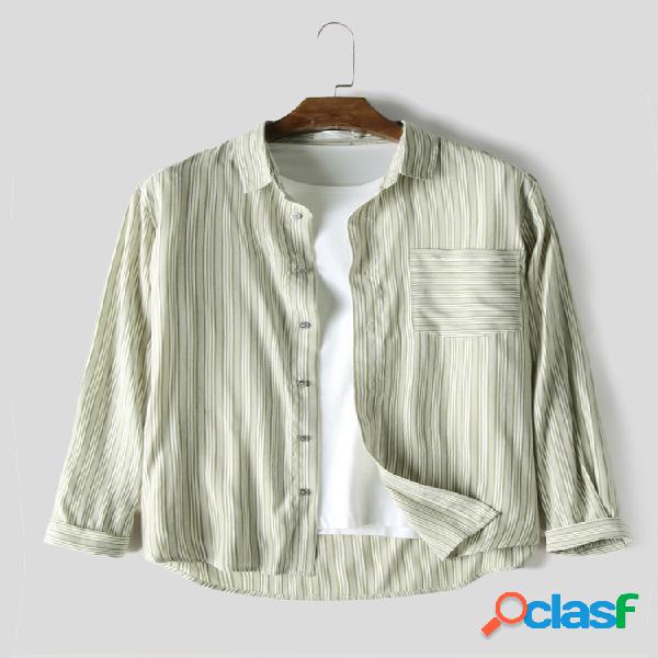 Mens casual listrado impressão patch bolso camisas de manga
