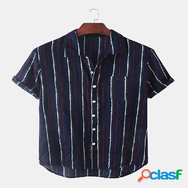 Mens casual listrado respirável lapela colarinho camisas de