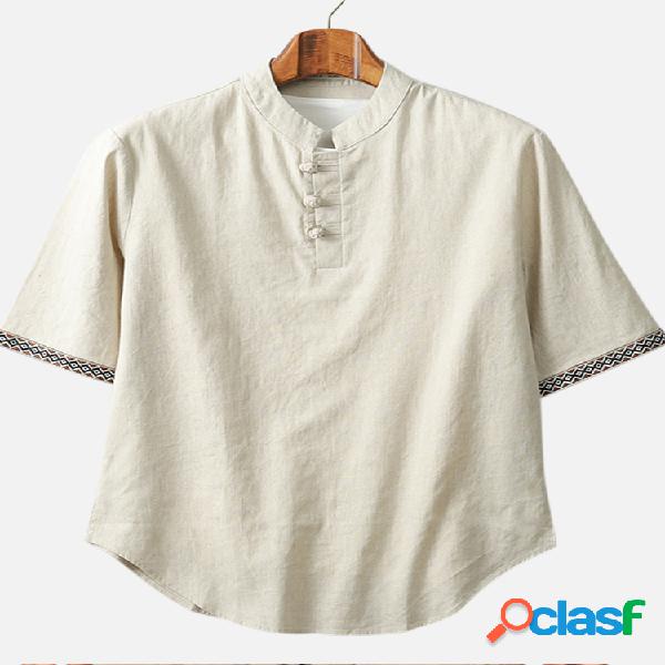 Mens estilo nacional moda solta gola camisa de manga curta