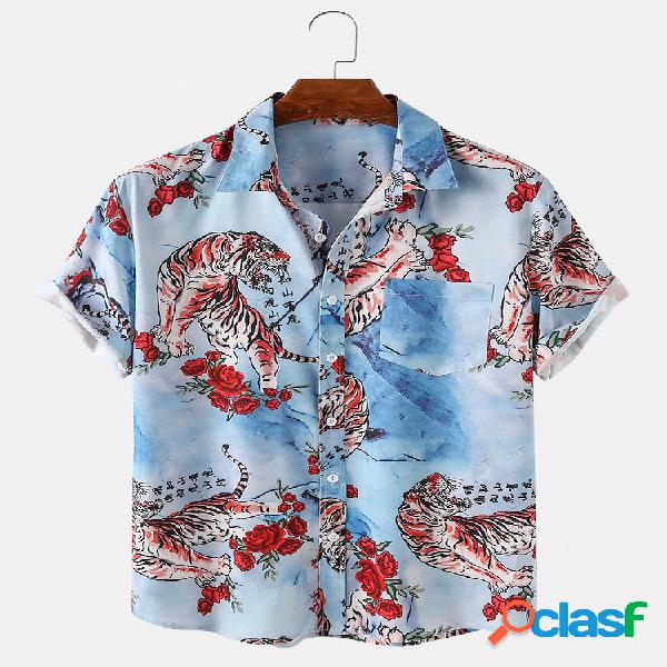 Mens estilo nacional tigre e floral impressão leve verão