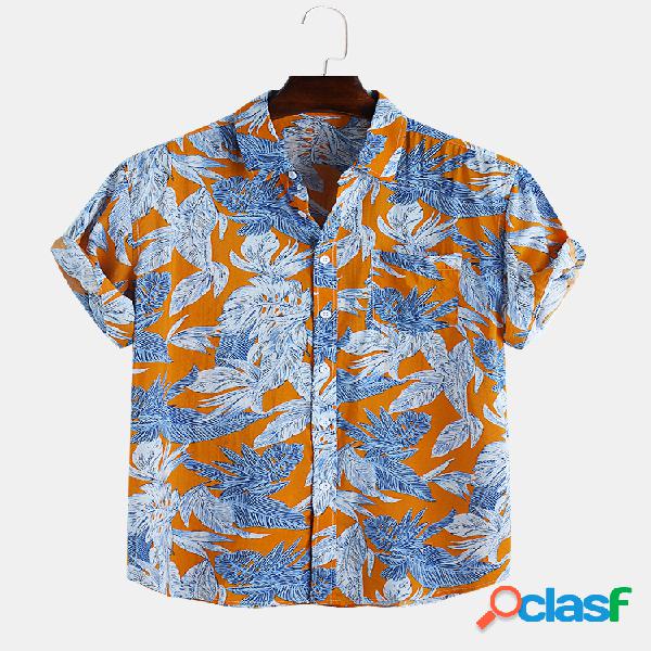 Mens floral impresso peito bolso camisas de manga curta